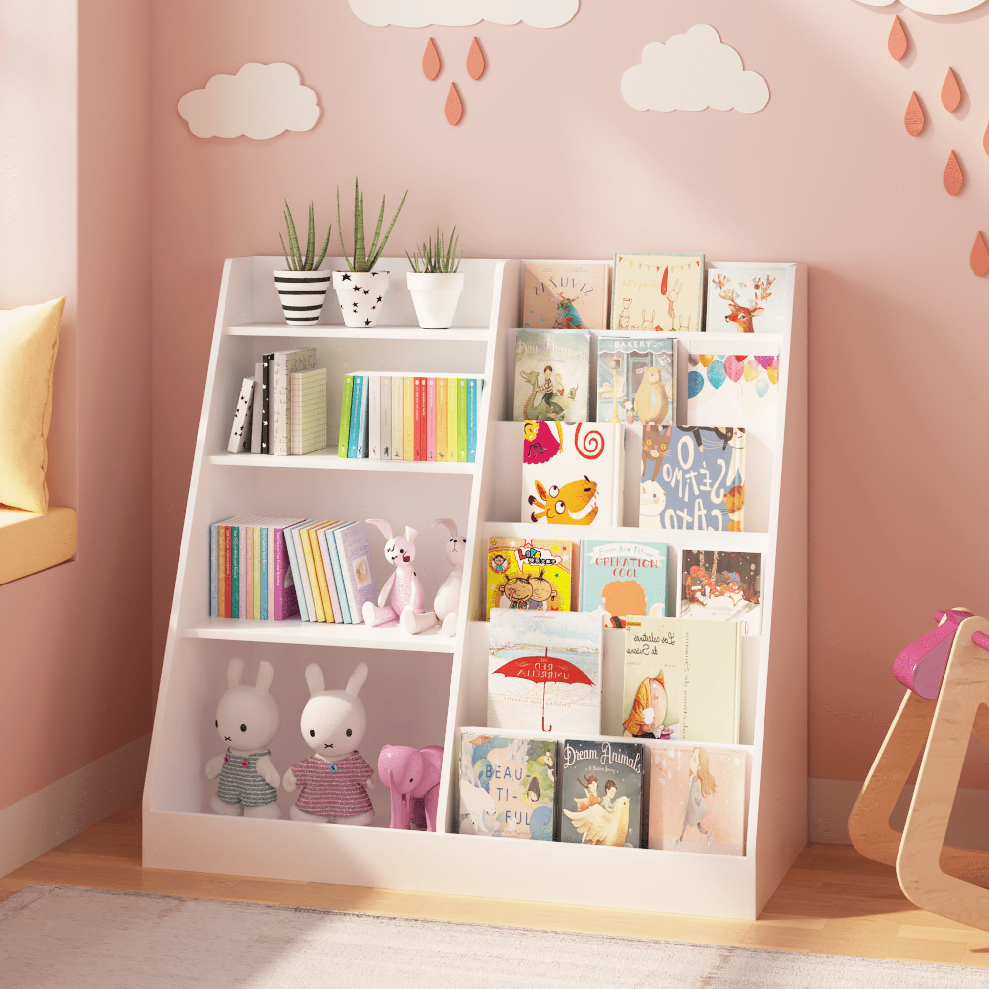 Kids Bookshelf, 4-Tier Wooden Bookcase With 2 Shelves And Toy Storage Bin, MDF Board For Books And Toys Display In Childrens Room Playroom Nursery, 34.65 x 15.75 Inch White