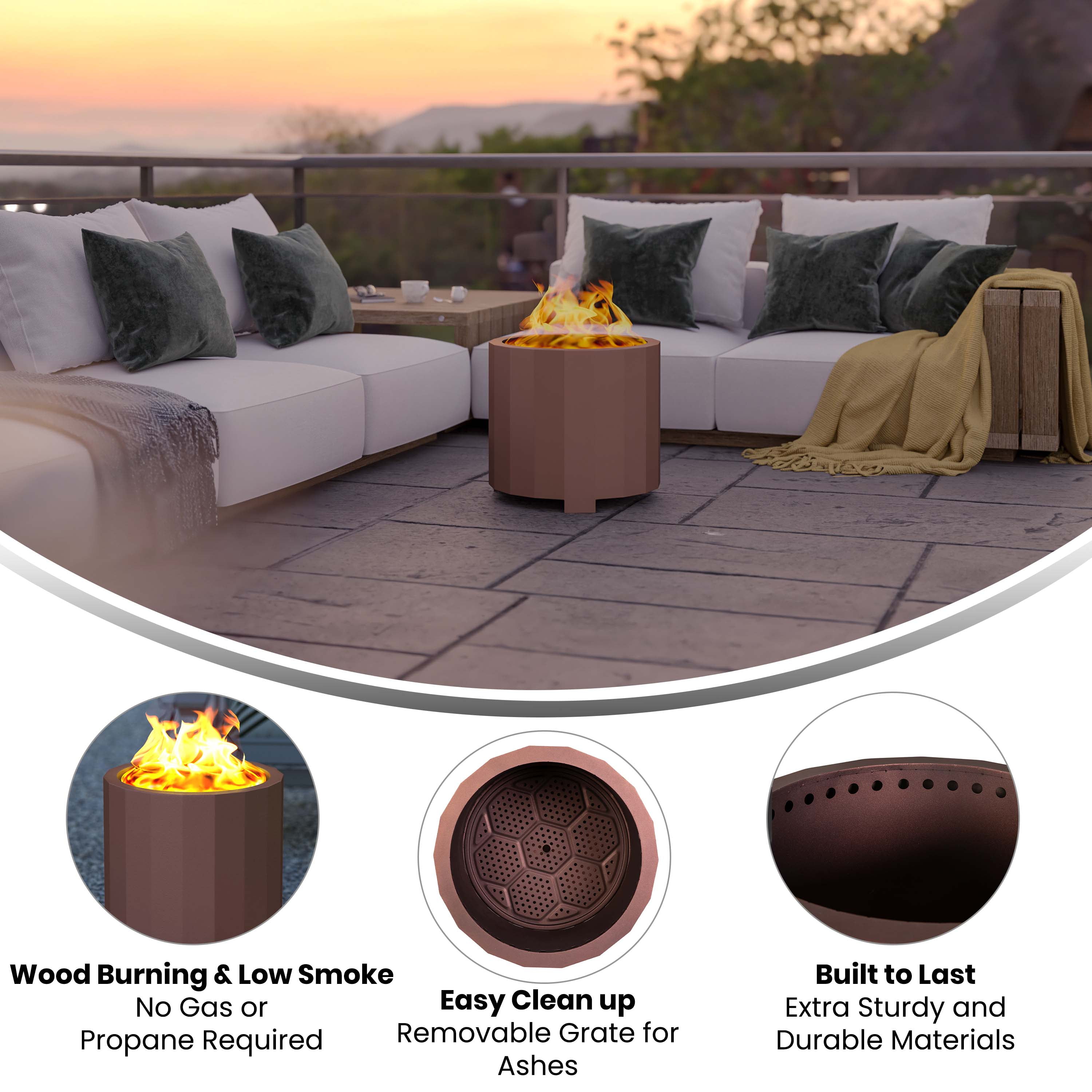 Flash Furniture Titus Commercial Grade 19.5 inch Smokeless Outdoor Firepit, Natural Wood Burning Portable Fire Pit With Waterproof Cover, Bronze