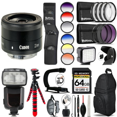 Image of Canon EF-M 22mm f/2 STM Lens + Pro Flash + LED Light - 64GB Accessory Bundle