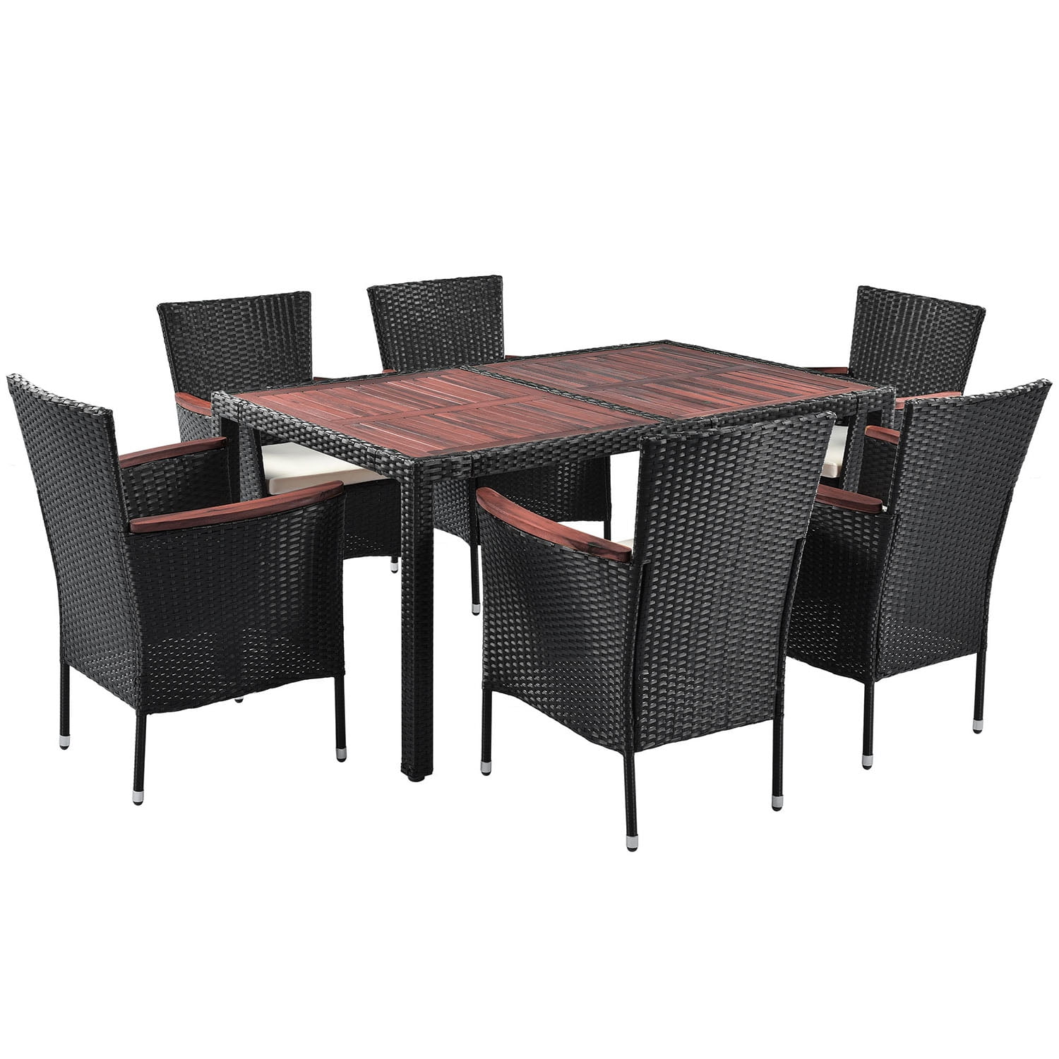 Kadyn 7-Piece Outdoor Patio Dining Set, Garden PE Rattan Wicker Dining Table and Chairs Set for 6-Person, Stackable Armrest Chairs with Cushions, Reddish-brown