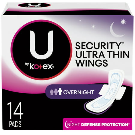 U by Kotex Security Ultra Thin Overnight Pads with Wings, Unscented, 14 (Best Wings In Ct)