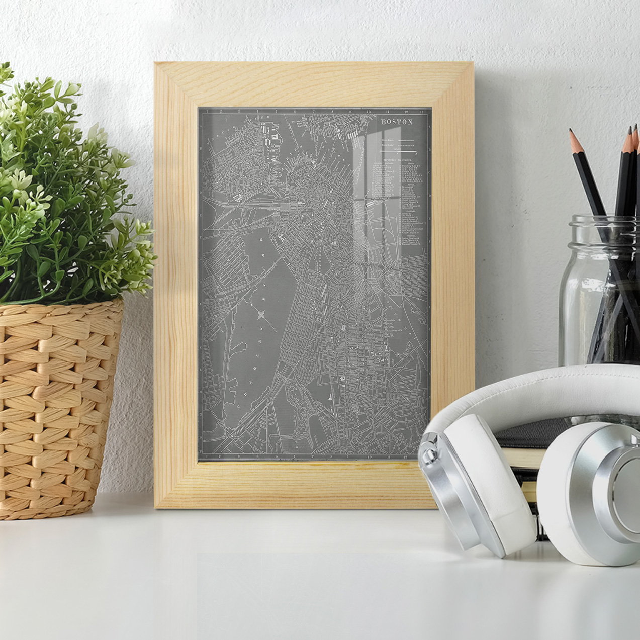 City Map of Boston -Framed Print w/glass-Natural Wood