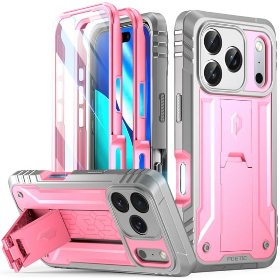 POETIC for iPhone 17 Pro Case with Camera Control Capture Button, [Built-in Stand] [Built-in Screen Protector] Full-Body Military Grade Rugged Phone Case for iPhone 17 Pro, Pink