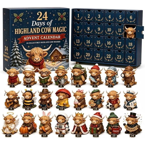 24 Days of Highland Cow Magic Advent Calendar, 24 Cute Collectible Cow Mini Figures, Farmhouse Holiday Decor, Christmas Countdown Calendar Gift Set for Cow Lovers