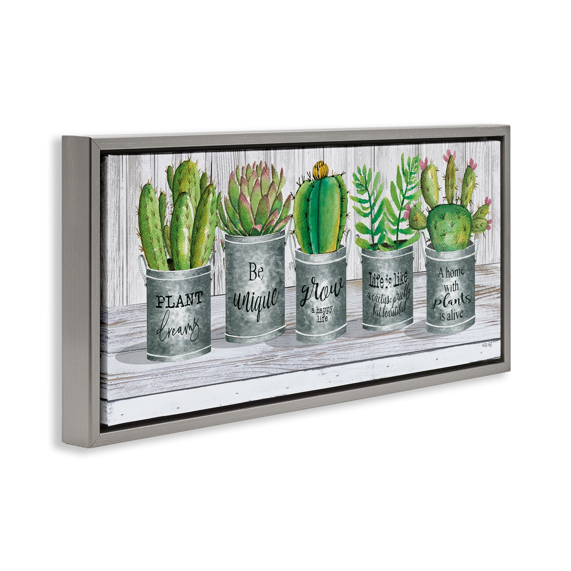 Stupell Industries Succulents with Plant Life Puns Inspirational Painting Gray Floater Framed Canvas Art Print Wall Art, 31 x 14