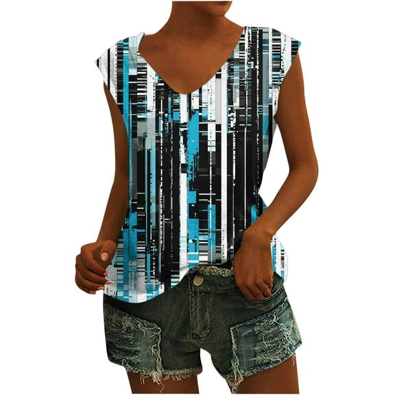 CENGNIAN No Boundaries Women's Sleeveless V-Neck Tank Top,Womens Colorful Printed Trendy Shirt,Summer Slim Fit Blouse For Ladies,Blue,Size L