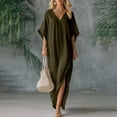 thumbnail image 2 of GUACER Womens Kaftan Maxi Dress Fashion Cotton Linen V Neck Boho Long Dress with Side Slit Loose Fit Beach Coverups, 2 of 6