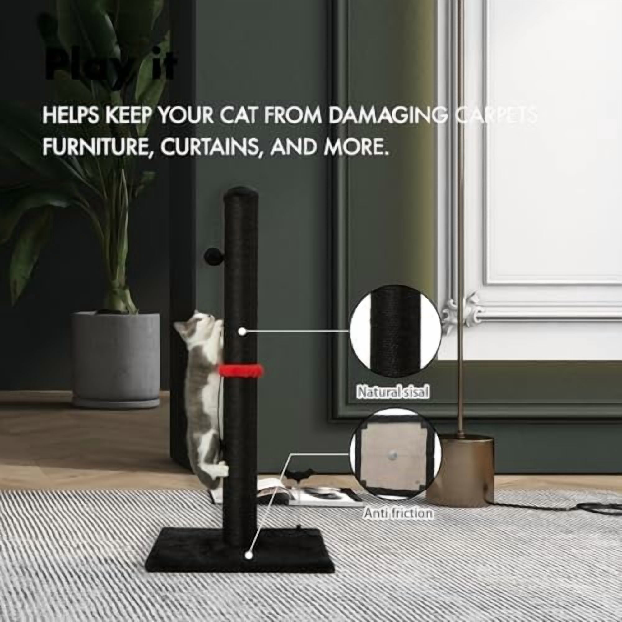 Cat Scratching Post Premium Sisal Scratch Posts with Hanging Ball Vertical Scratcher for Indoor Cats and Kittens,Black Black,34 inches for Adult Cats