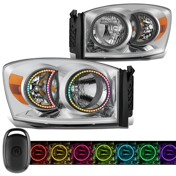 DNA Motoring RGB LED DRL Headlights for 06-09 Dodge Ram 1500-3500 Pickup, Chrome/Amber