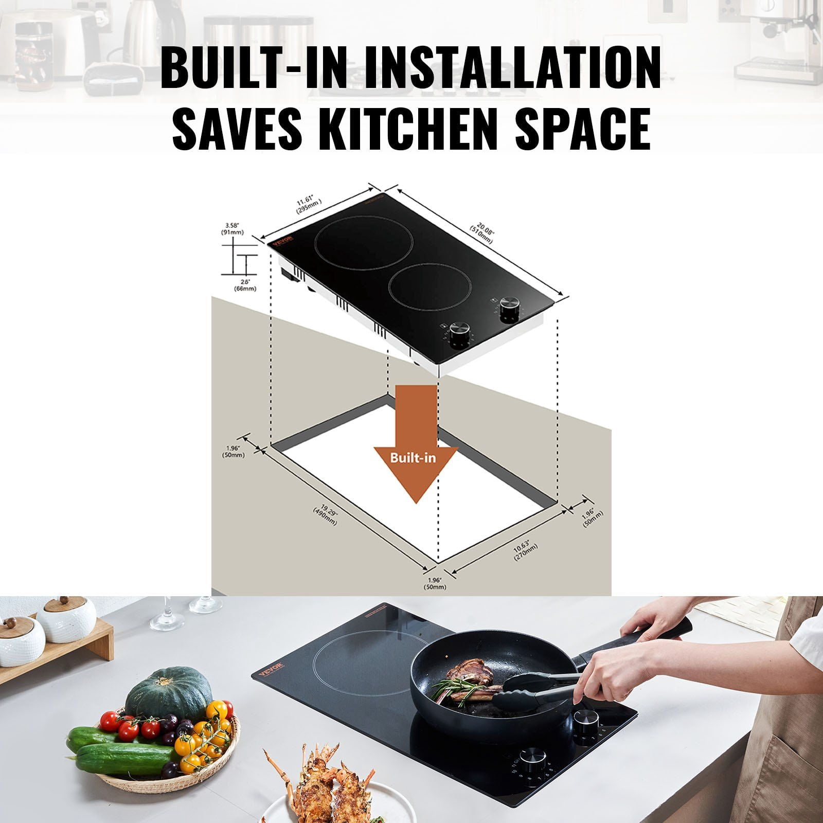 12 Inch 2 Burner Built In Electric Cooktop 3000W Ceramic Radiant Glass Panel Stove Top with Knob Control 11 Heat Levels 220 240V Hard Wire