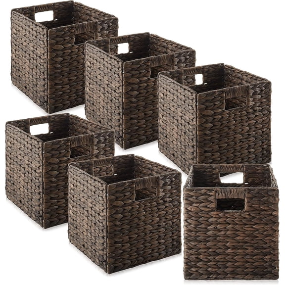10.5" x 10.5" Water Hyacinth Collapsible Cube Storage Baskets, Espresso, Set of 6 Woven Bins for Shelves