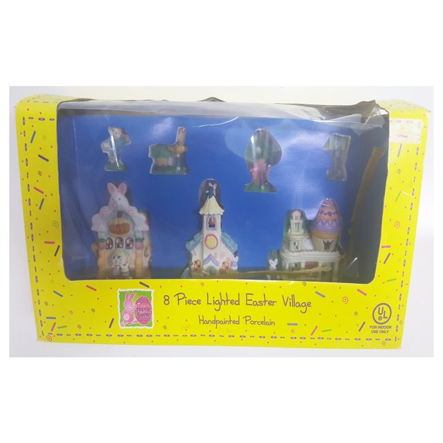 8 Piece Lighted Easter Village Handpainted Porcelain