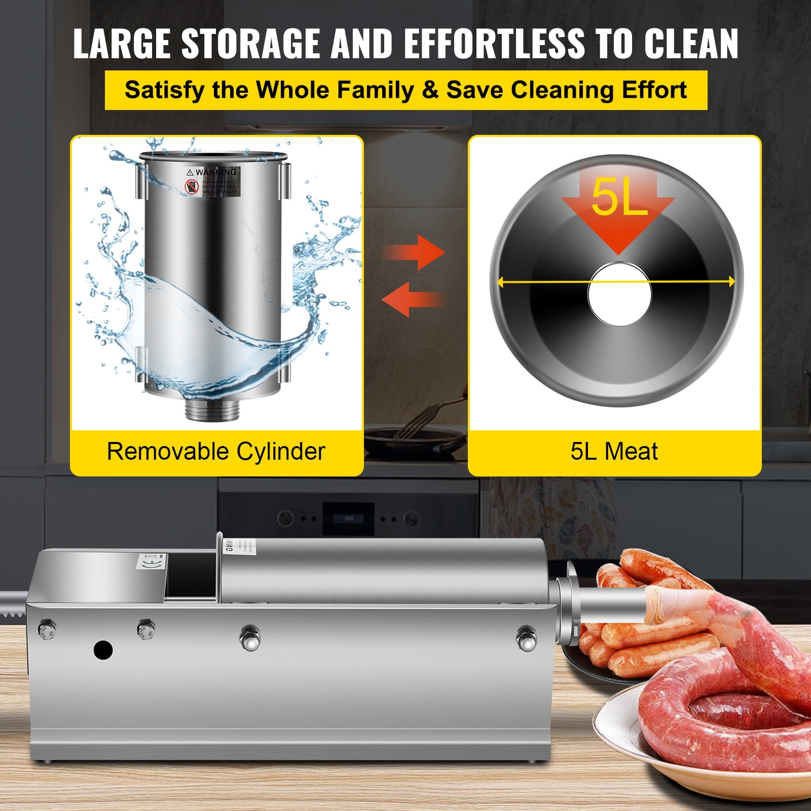 KFFKFF Hand-Operated Sausage Filler, 5 L / 11 LBS Horizontal Meat Injector, Two-Speed Food Processor, Constructed with Edible 304 Stainless Steel, Comes with 5 Filling Nozzles