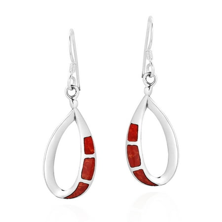 Coral Drop Earrings - Cute Open Teardrop with Synthetic Coral Inlay .925 Sterling Sliver Dangle Earrings