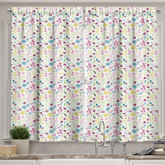 Ambesonne Floral Kitchen Curtains, Various Flowers Plain Back, 55"x39", Raspberry and Lime Green