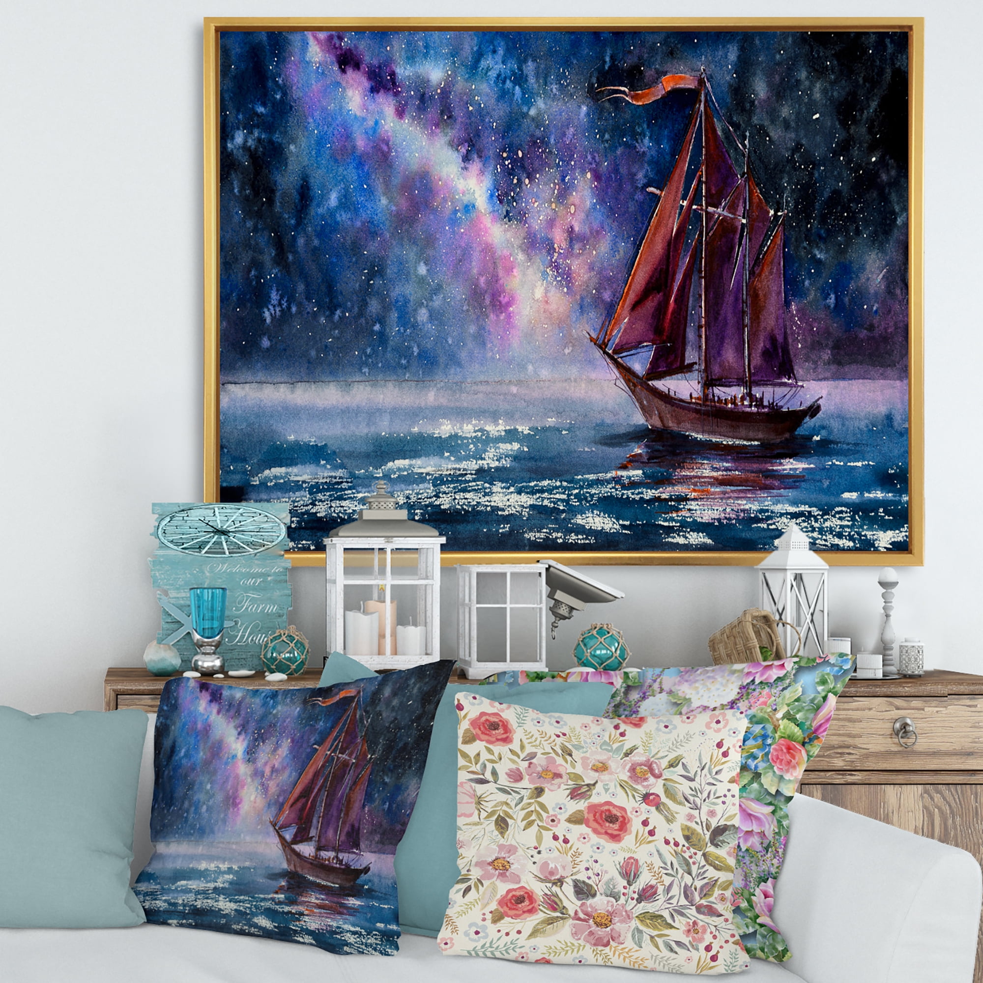Designart 'Red Sails & Bright Night Sky With Wooden Sailboat' Nautical & Coastal Framed Canvas Wall Art Print