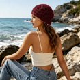 thumbnail image 4 of XIAOCHA Womens Boho Pearl Accent Crochet Beanie Solid Knit Breathable Beach Holiday Beanie Hats,Red, 4 of 5