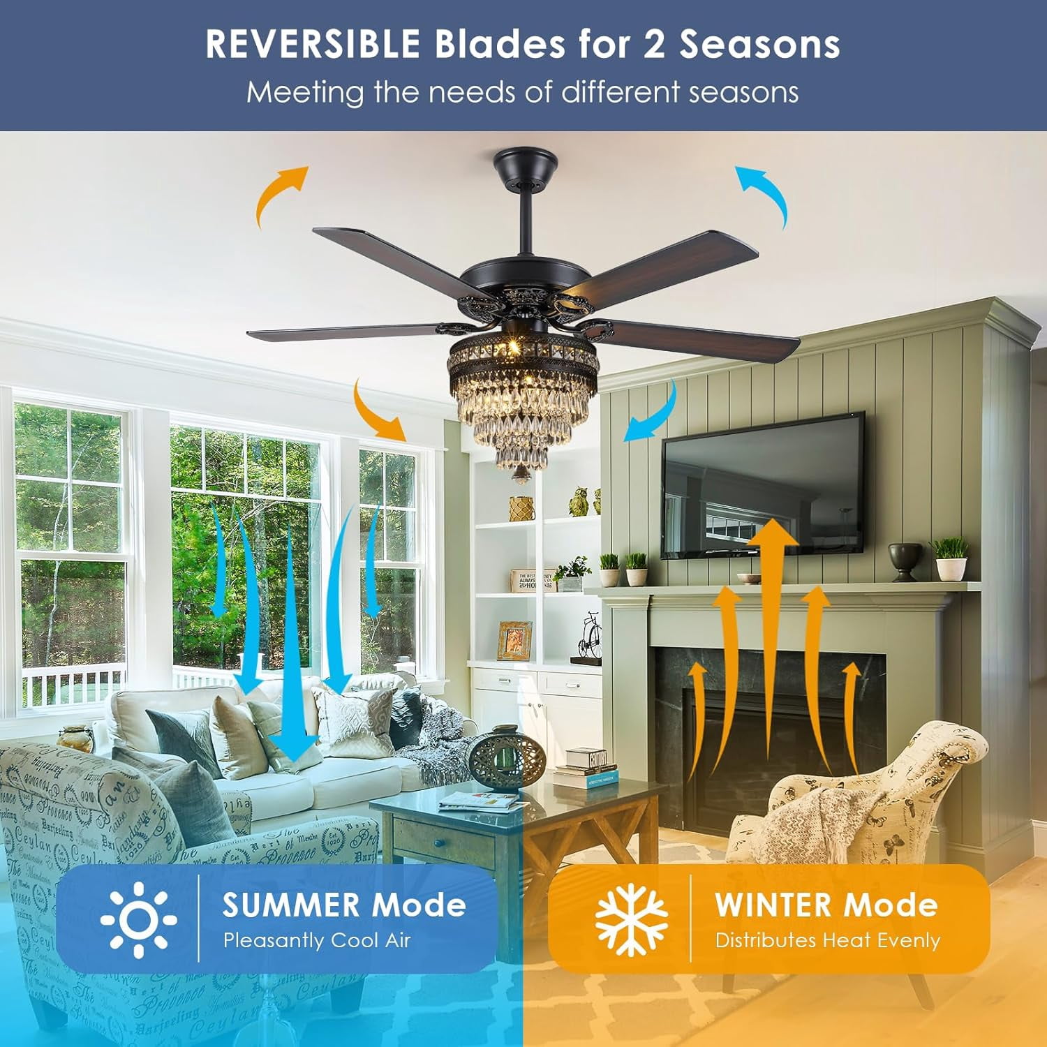BayDay 62" Crystal Ceiling Fan with Lights, Remote Control, Noiseless DC Motor, Energy-Efficient, Retro/Farmhouse Style, Timer, Adjustable Speed for Living Room, Bedroom, Dining Room, Modern Fan