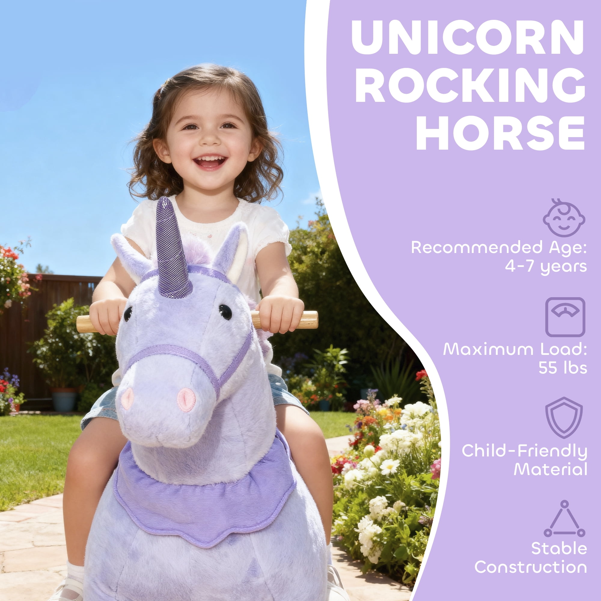 Qaba Ride on Unicorn Toy for Kids 4-7 Years, 37.8 Inch Plush Baby Rocking Horse, Mechanical Walking Animal with Wheels, No Batteries Required, Purple