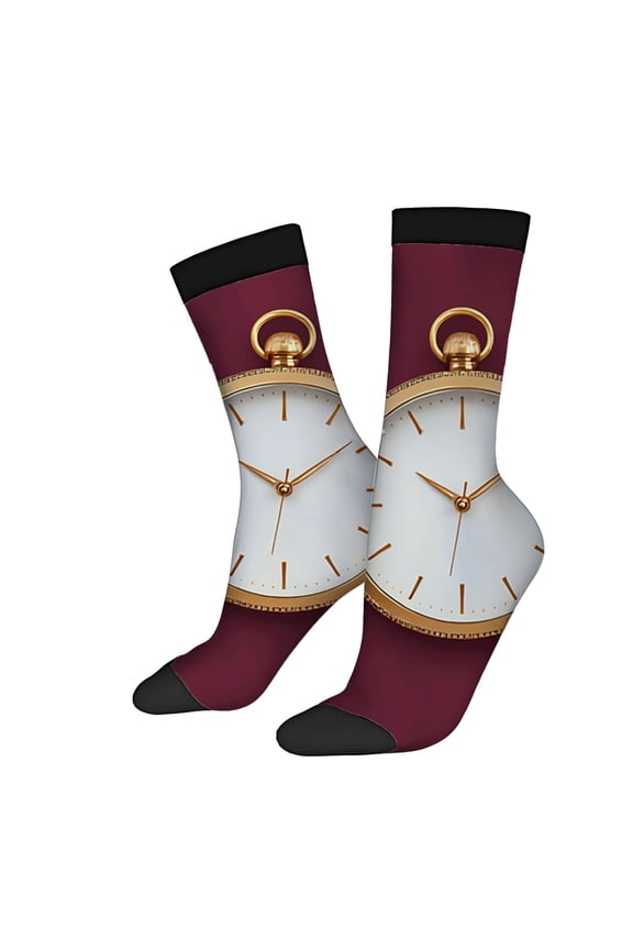 Unisex Trendy Socks - 2 Pairs Maroon with Black Cuffs Gold Pocket Watch Design Stylish Mixed Color Socks for All Seasons