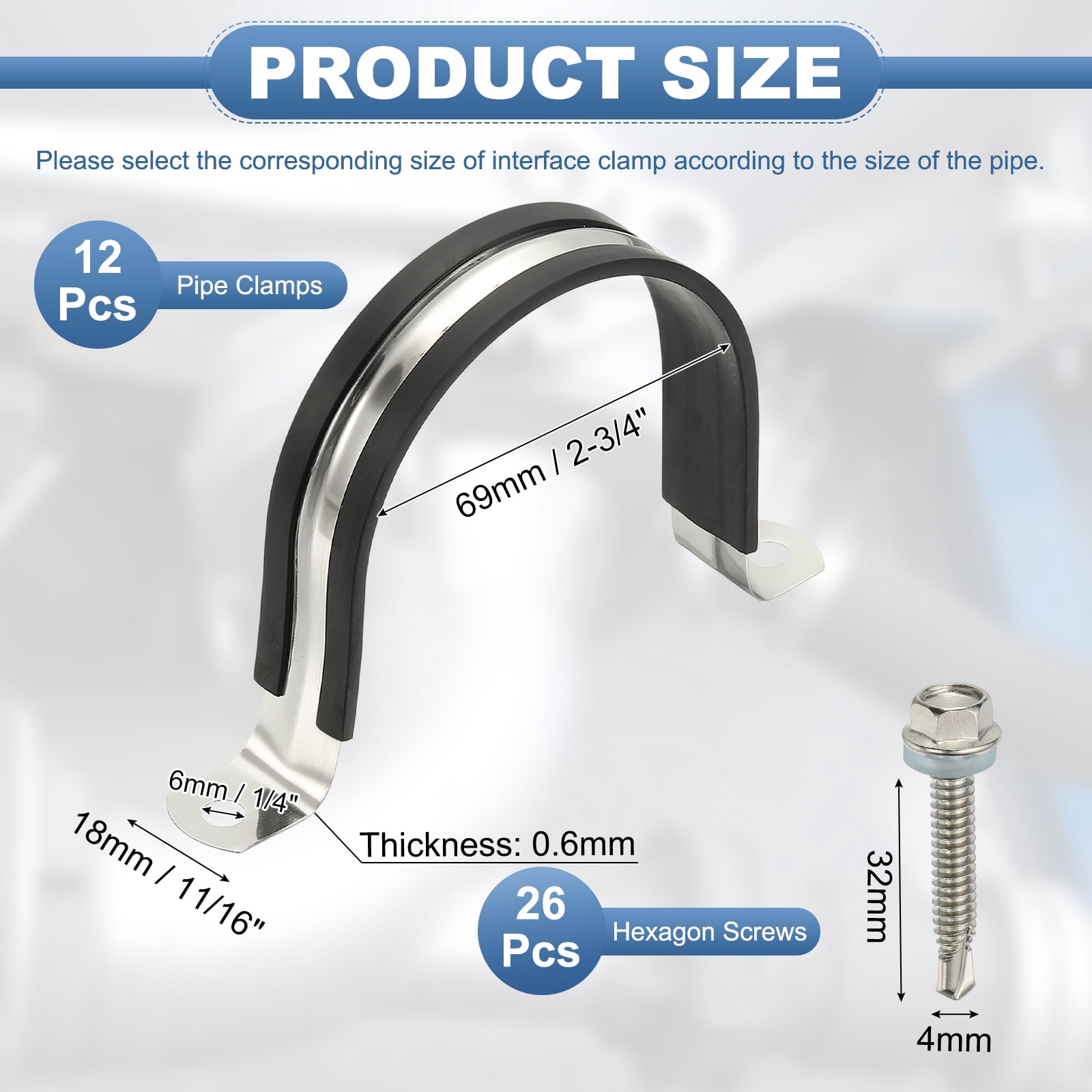 Uxcell 12Pcs Pipe Clamps, 2-3/4 Inch 304 Stainless Steel Rubber Cushioned U Bracket
