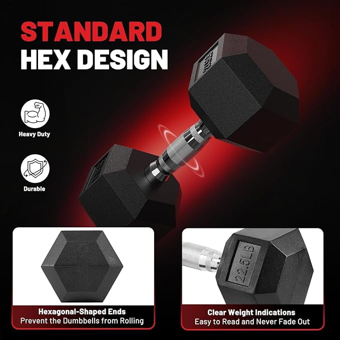 ROALW HEX Dumbbell Set 105lb, Rubber Encased Home Gym Dumbbells, Exercise & Fitness Weights Dumbbells for Women & Men, Hand Weight for Strength Training
