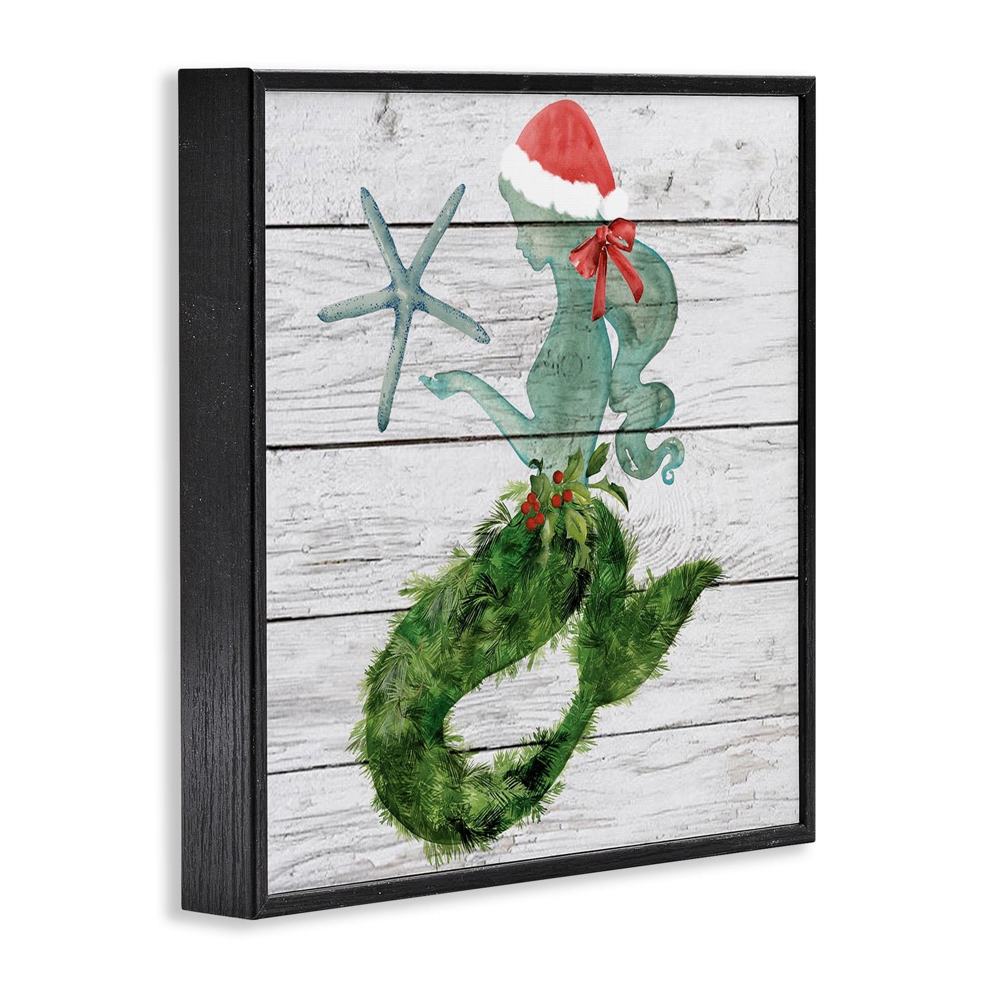 Stupell Industries Christmas Mermaid & Winter Holly Nature Painting Black Framed Art Print Wall Art, 24 x 24