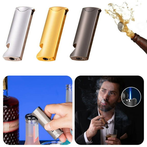 Adjustable Blue Flame Windproof Butane Torch Lighter with Flashlight & Bottle Opener - Refillable Handheld Multi-Tool Lighter for Candles, Camping, Grilling - 1.66oz Portable Metal Design