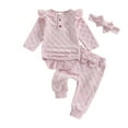 thumbnail image 1 of Besolor Toddler Baby Girl Fall Winter Clothes Ruffle Long Seeve Romper Tops and Bow Pants Set with Headband, 1 of 7