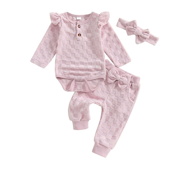HBGVBA Toddlers Girls 3 Piece Outfit Solid Color Ruffle Sleeve Romper with Pants and Headband Casual Set for 3-18 Months