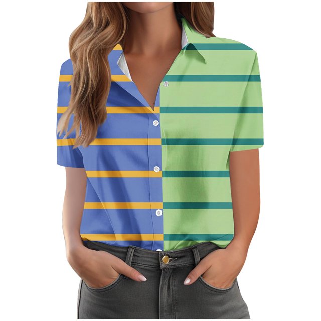 Olyvenn Womens Chemise à Boutons à Blocs de Couleur Manches Courtes Col en V Imprimé Rayé Blouses Mode Été Décontracté Hauts Vert G