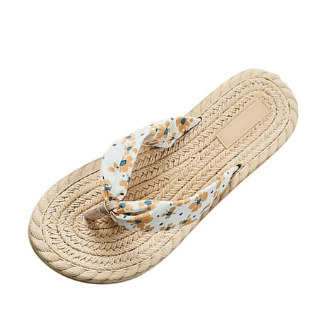 

ZTTD Spring and Summer Casual Women s Slippers With Rubber Flat Bottom Daisy Cloth With Flip Flops Yellow