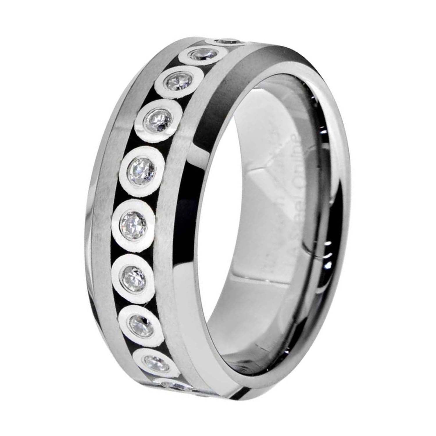 8mm White Tungsten Eternity Ring Male Men Wedding Band Round CZ Bevel Edge Size 11