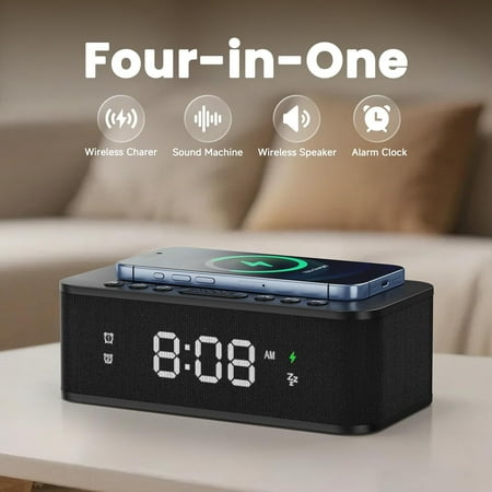 Digital Alarm Clock White Noise, Loud Clocks Bedrooms, Speaker Wireless Charger AUX USB Bluetooth 12/24H Dual Snooze Adjustable Brightness, Black