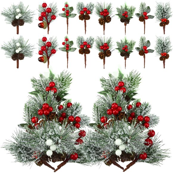 Picas navideñas artificiales con forma de panel, 48 unidades, bayas de pino nevado