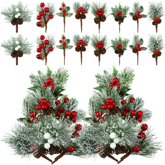 Picas navideñas artificiales con forma de panel, 48 unidades, bayas de pino nevado