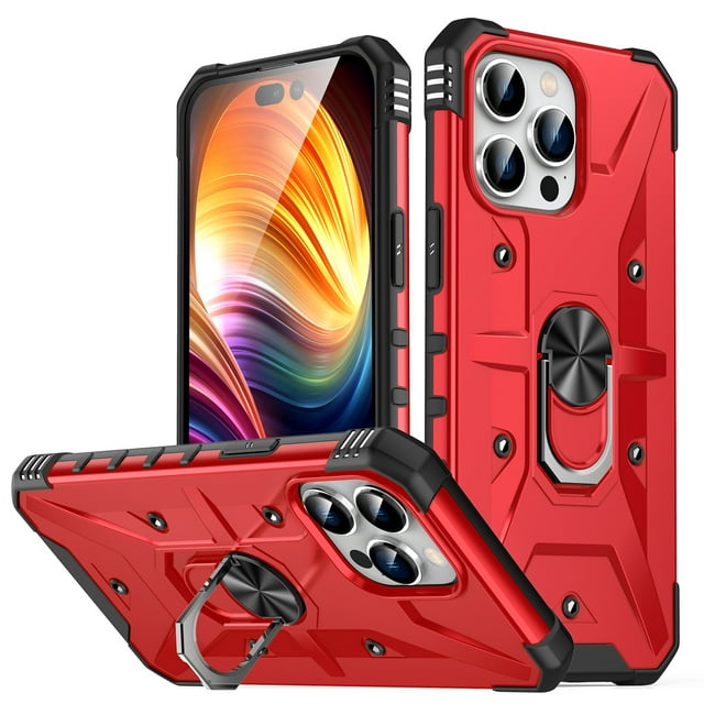 for iPhone 14 Pro Armor Case, Military Grade Hard PC Magnetic Built-in Car Mount 360° Rotatable Metal Ring Holder Kickstand Shockproof Multi-Functional Rugged Case, Darkblue