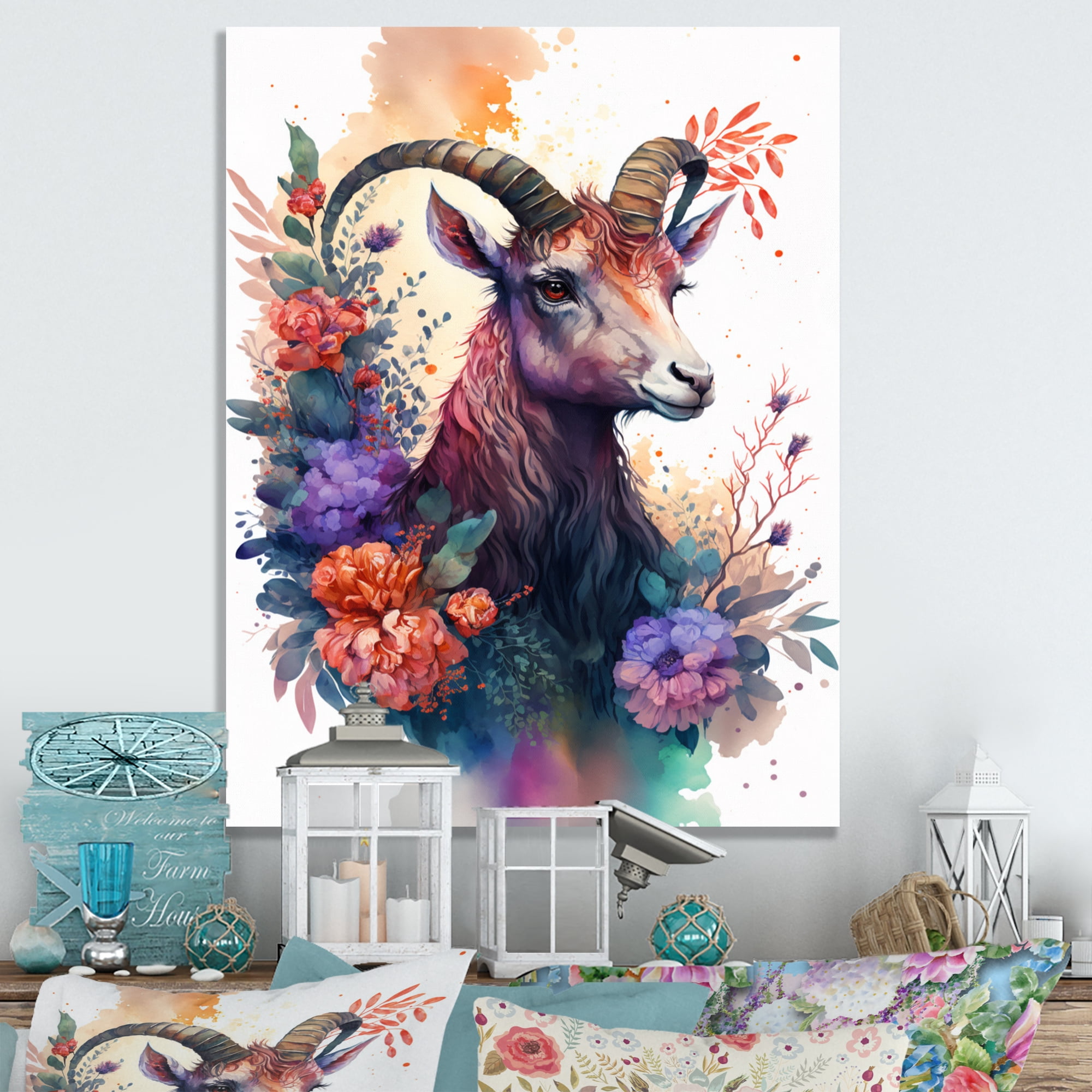 Designart Cute Goat Floral Art I Canvas Wall Art