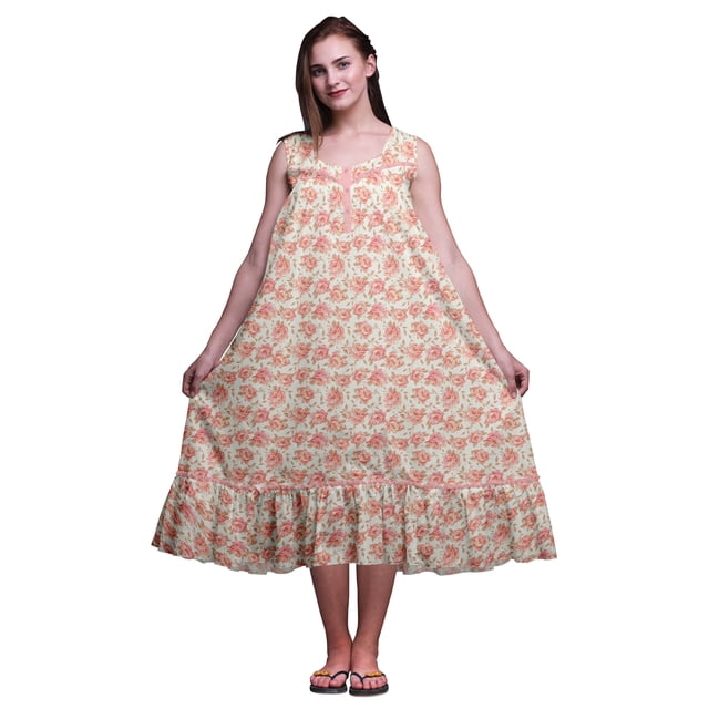 Bimba Chemises de Nuit en Coton Imprimé Feuilles Florales de Saumon Rose et Bégonia pour Femmes Robe Sans Manches Tenue de Nuit Robe Maxi Grande