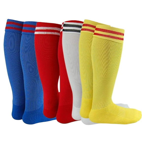 Lian LifeStyle Exceptional Girl's 4 Pair's Knee High Sports Socks for Soccer, Softball, Baseball, and Many Other Sports XL002 Size M, Blue, Red, White, Yellow