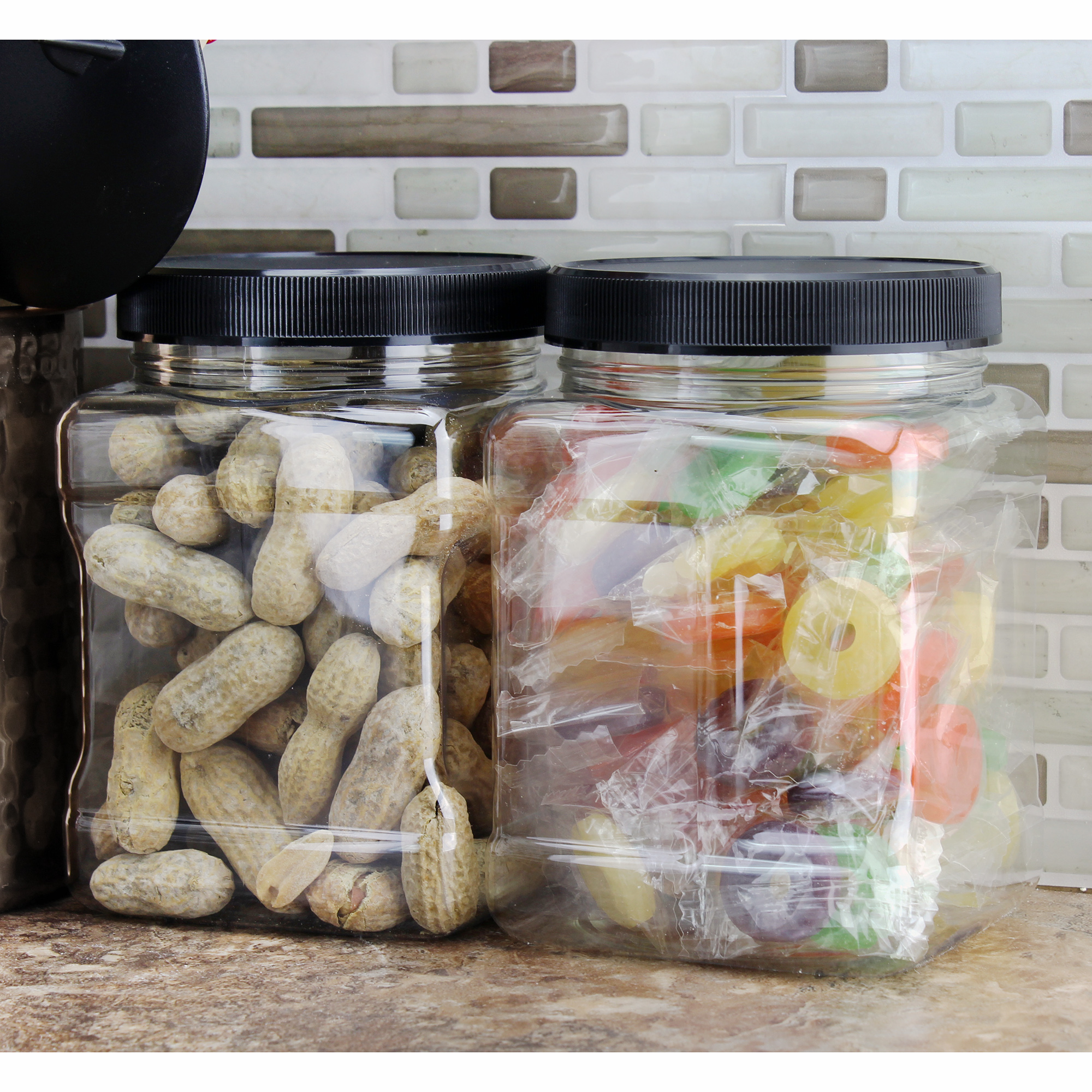 32oz Square Plastic Jars (4-Pack, Quart); Clear Rectangular 4-Cup Canisters w/Black Lids, Easy-Grip Side - image 3 of 6