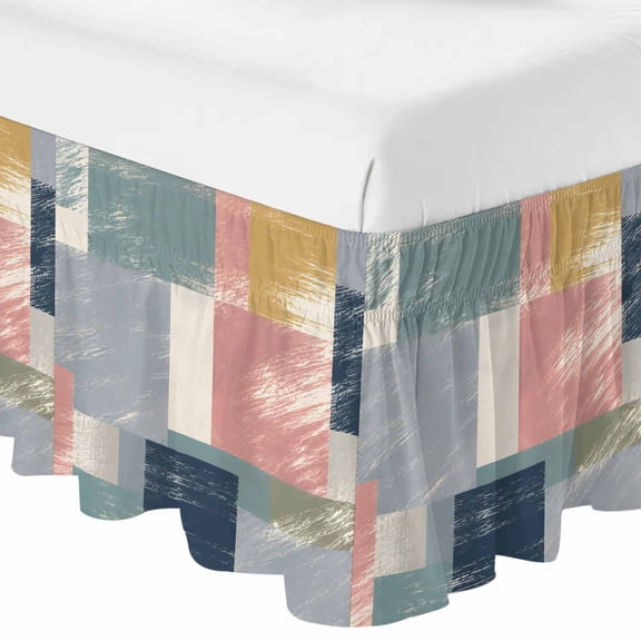 Color Block Ruffle Bed Skirt Queen Size Abstract Minimalist Geometric Pink Navy Gray Green Adjustable Elastic Dust Bed Skirts Wrap Around Bedskirt Wrinkle Free Easy Fit with 16 Inch Drop