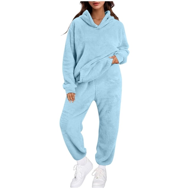 Timdgard Ensembles Lounge pour Femmes 2 Pcs Automne Hiver Grande Taille en Molleton Chandails à Capuchon Chauds à Enfiler Pantalons Pyjamas Tenues