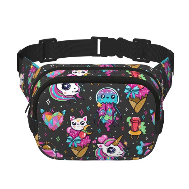 Fotbe Cat Icecream Cangurera Cuadrada con Estampado de Doble Capa, Bolsa de Cintura Ajustable Mini para Hombres y Mujeres