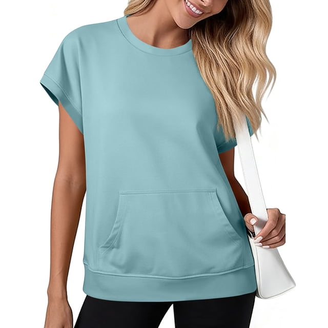 Camiseta Negra de Manga Larga de Manga Corta de la Mujer Batwing con Bolsillo de Canguro, Top Casual de Lana Suave para el Salón Y el Uso Diario