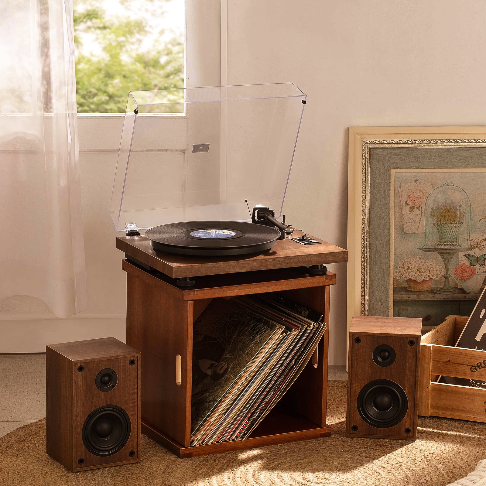 LP&No.1 Wireless Playback Turntable Hi-fi System with Stereo Bookshelf Speakers Retro Record Player with Adjustable Counterweight & Magnetic Cartridge,Antique & Nostalgic Turntable Record Player Mahogany Wood
