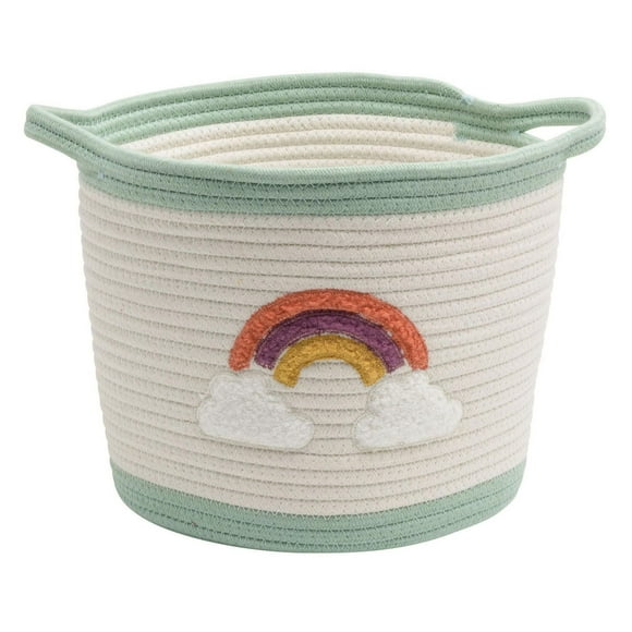 Cotton Rope Storage Basket with Boucle Rainbow Patch, Ivory with Green Trim