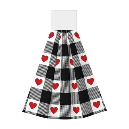 

Adobk Heart Black Buffalo Plaid Gingham Print Coral Velvet Hand Wipes Fashion Hanging Kitchen Towel for Bathroom Washcloth Absorbent Tie Towel