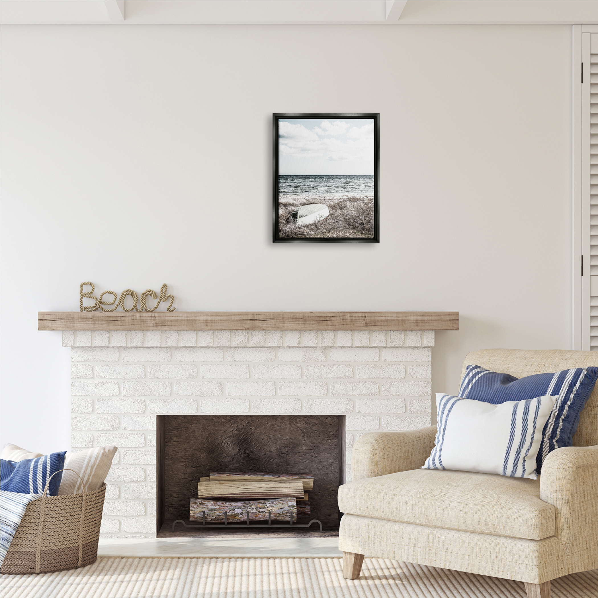 Stupell Industries Boat on Beach Coast Nature Photography Black Floater Framed Art Print Wall Art, 17 x 21