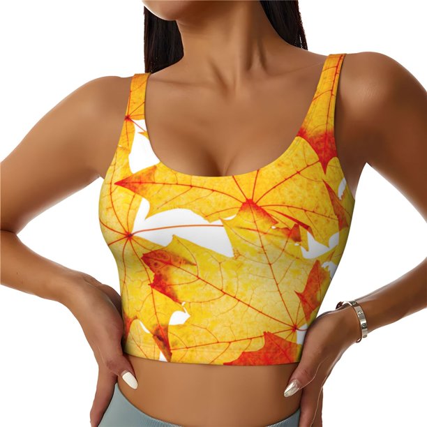 Fotbe Autumn Maple Leaves Sujetador Deportivo Largo sin Aros para Mujer con Almohadillas y Soporte Medio, Transpirable y Absorbente, Camiseta Tipo Chaleco o Tank Top-Medium